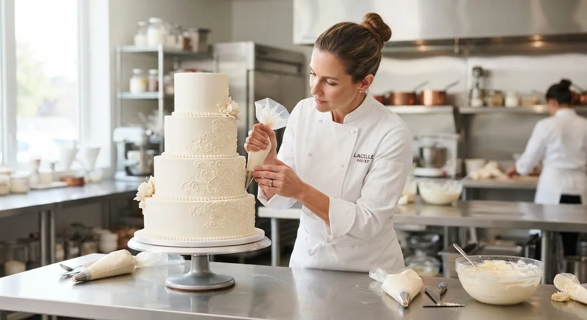 A pastry chef piping vanilla cream onto a tiered cake in a bright kitchen.