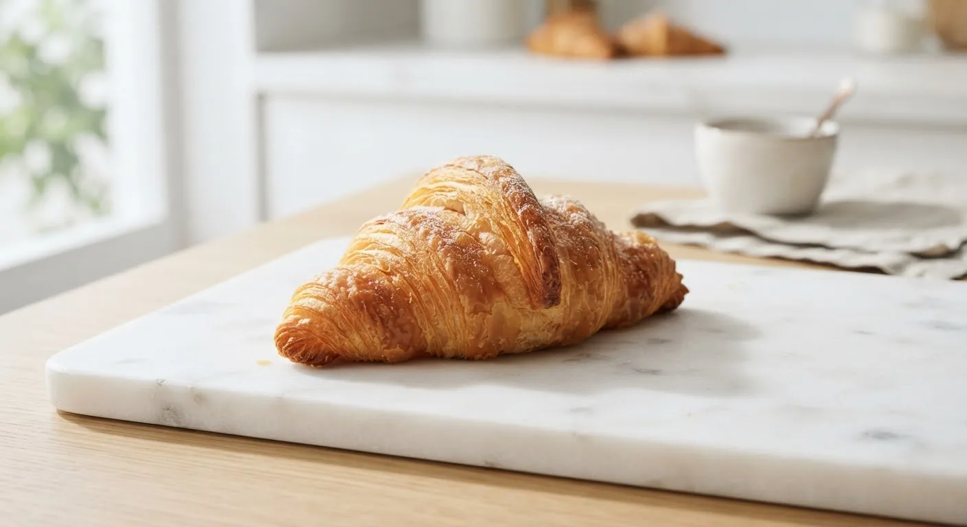 A golden-brown flaky croissant on white marble in bright natural light.