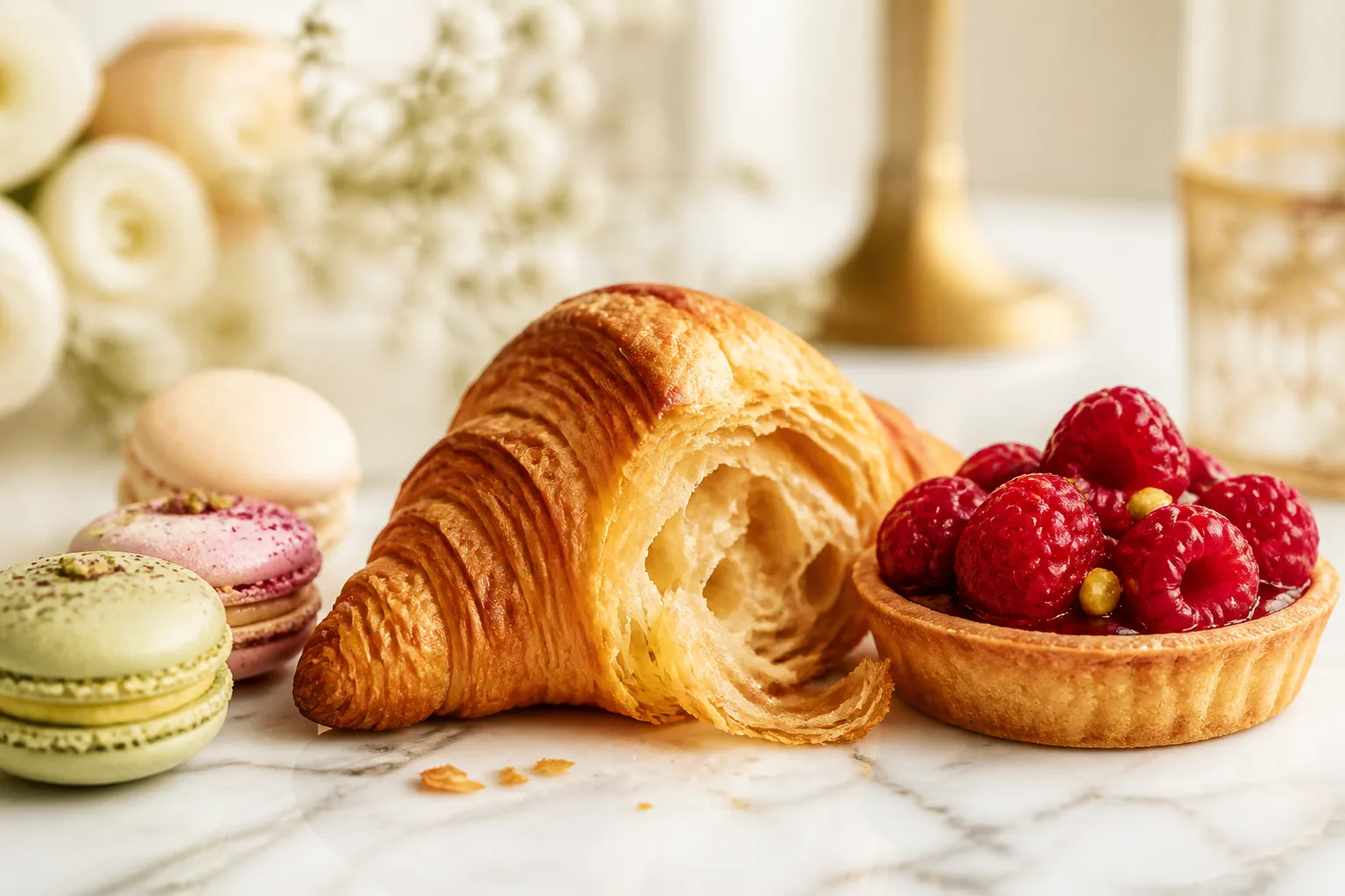 Artisanal croissants, a raspberry tart, and macarons on white marble.