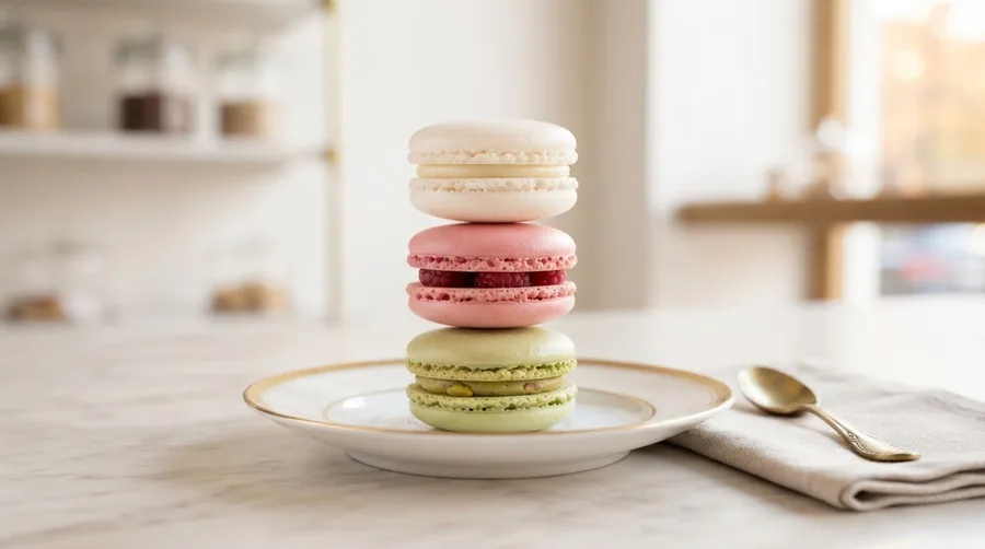 A stack of pistachio, rose, and vanilla macarons on a gold-rimmed saucer.