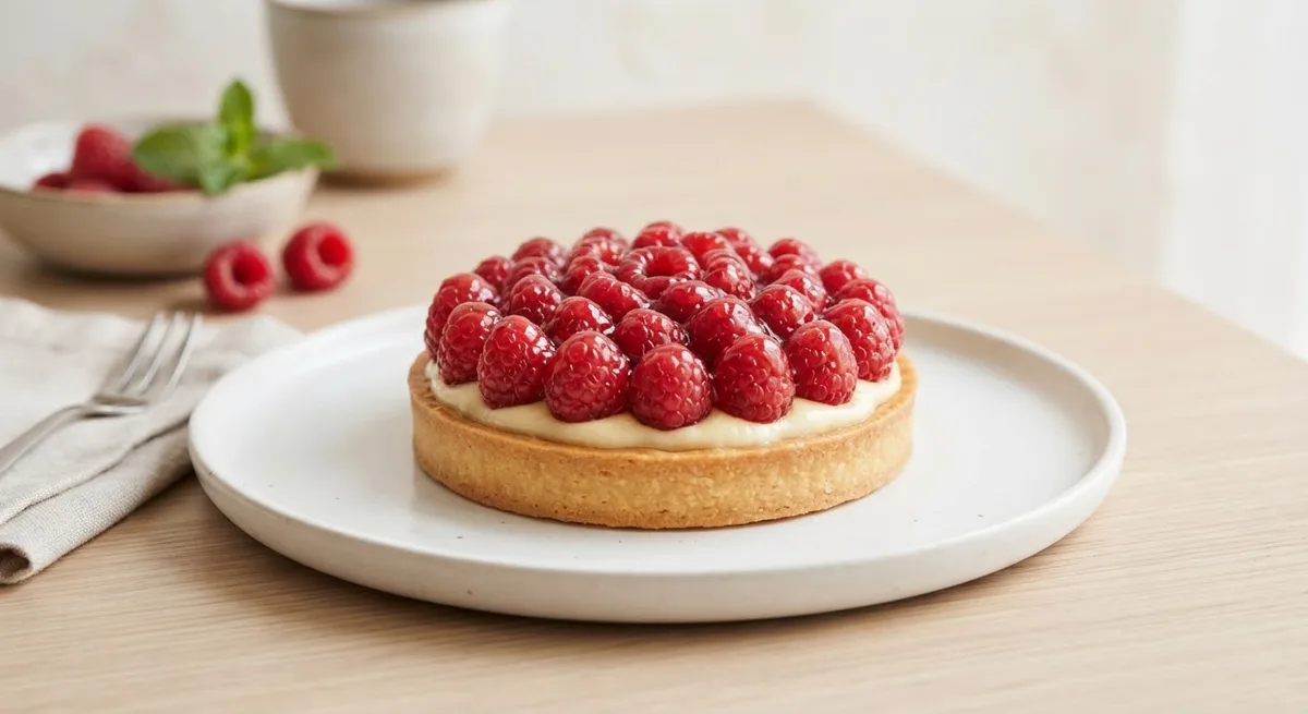 A raspberry tart with a glossy dome of fresh berries on a white ceramic plate.