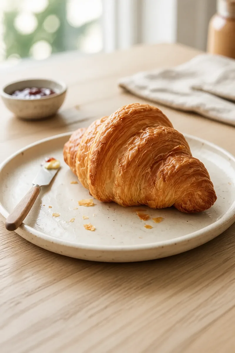 A golden-brown croissant on a cream ceramic plate in soft morning light.