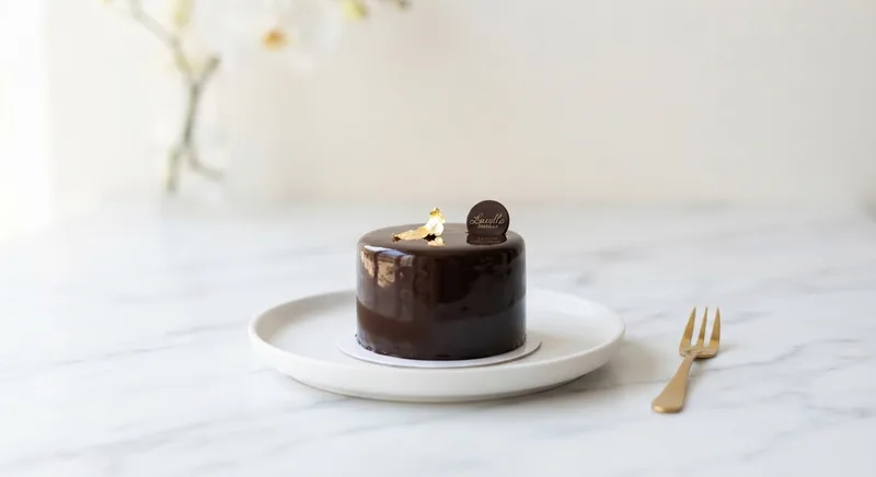 A glossy dark chocolate opera cake with a single edible gold leaf on white marble.