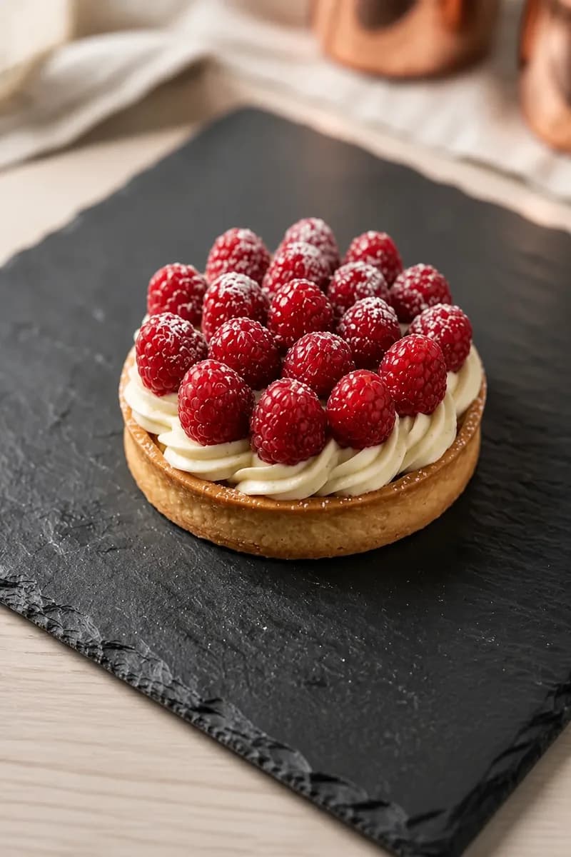 A raspberry tartlet with piped vanilla cream and a light dusting of sugar.