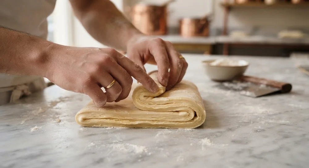 Hands folding layers of buttery pastry dough on a marble countertop.