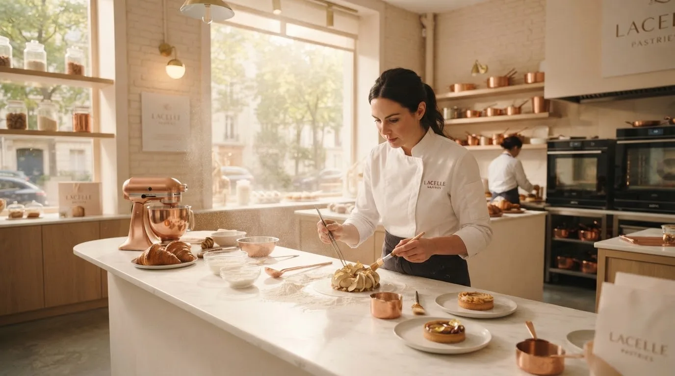 A pastry chef working in a bright, sunlit artisanal kitchen.